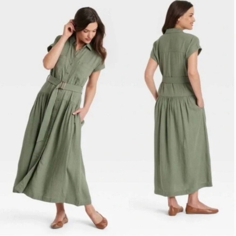 Universal Thread Olive Green Linen-Blend Midi Dress Size Medium